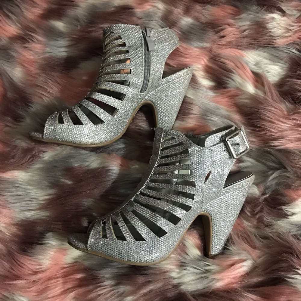 Silver open toe heels